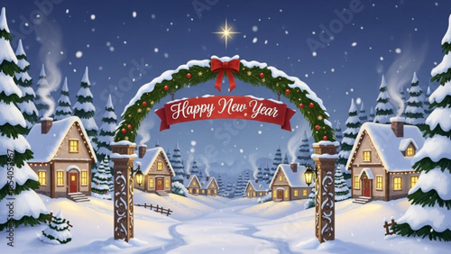 Snowy village scene with happy new year banner and festive archway decorated with green garland red bow
