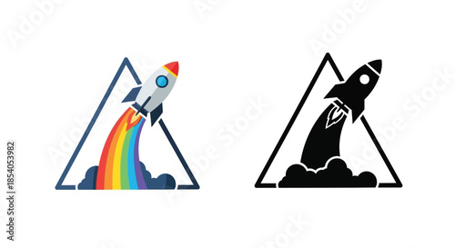 Colorful rocket launch with rainbow trail and a contrasting black silhouette design