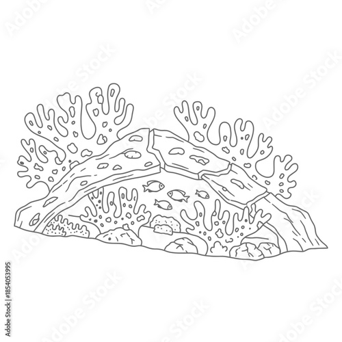 Detailed Line Art Illustration of Coral Reef Habitat with Marine Life