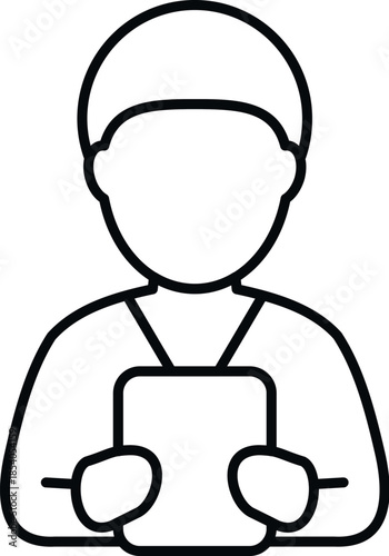 Male worker avatar outline holding a tablet for data entry
