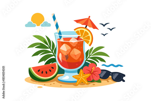 Tropical summer clipart illustration! A tall glass with a refreshing cocktail. The drink is decorated with an orange slice, a red umbrella, and a straw.