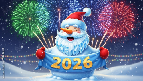 Smiling snowman in santa hat holds 2026 banner with fireworks behind
