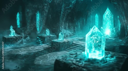 Mystical cave interior with illuminated crystals and atmospheric lighting