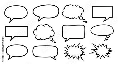 Diverse collection of blank comic book style speech and thought bubbles on a white backdrop for various graphic design applications and