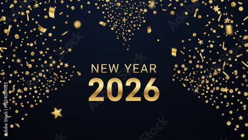 New year 2026 celebration design with golden confetti and stars on dark blue background