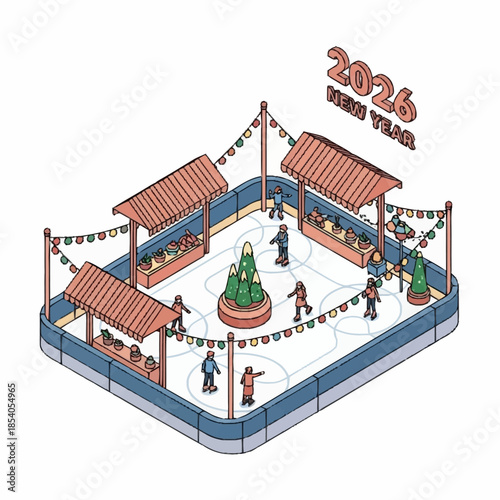 Isometric New Year Ice Skating Rink with Market Stalls.