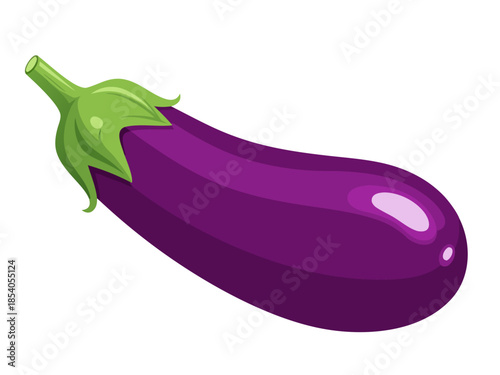 Vector illustration of a vibrant purple eggplant with green leaves on a white background