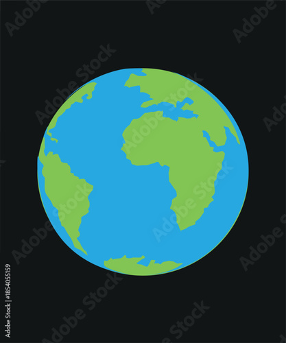 Flat vector illustration of planet Earth showing continents and oceans on dark background, suitable for global, environment, geography, education, and world concept designs.