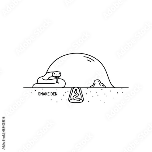 Minimalist illustration depicting a cartoon snake observing its underground den