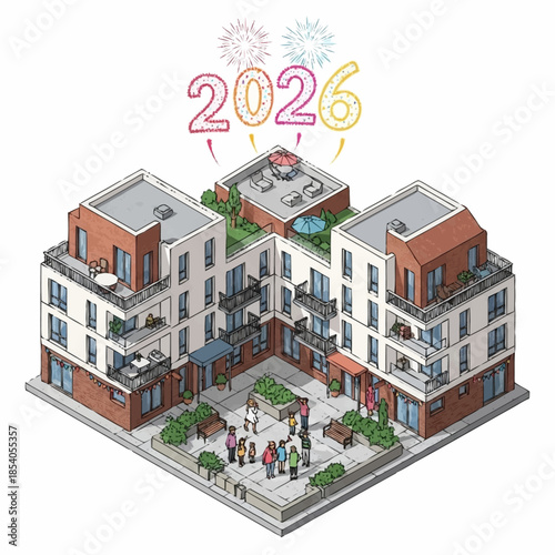 Modern residential building complex with courtyard and people.