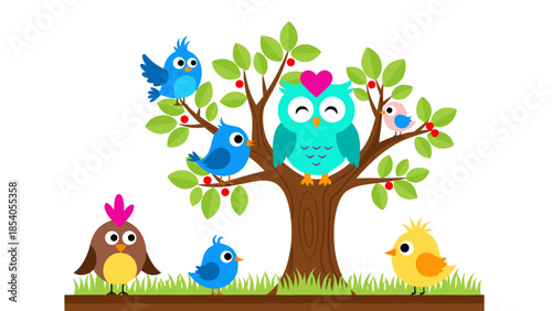 Vector illustration of birds and owl on tree branches with leaves and berries in a serene landscape view