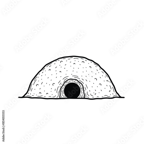 Monochrome illustration of a small burrow, hinting at a cozy dwelling
