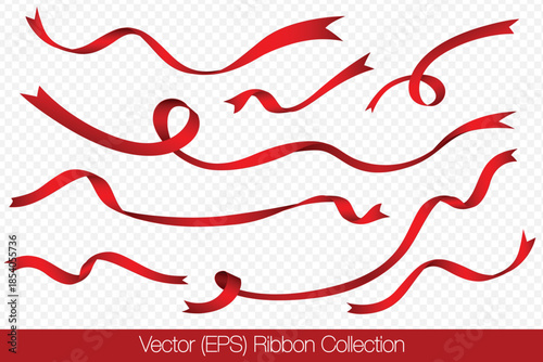 Realistic set of red ribbons isolated on a transparent background, featuring curved ribbons in different lengths, twists, and shapes. Vector illustration for holiday decorations and graphic projects