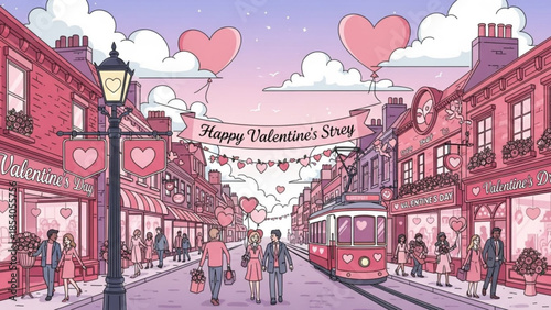 Illustration of a vibrant street scene decorated with hearts and valentines day decorations, featuring people walking and a trolley
