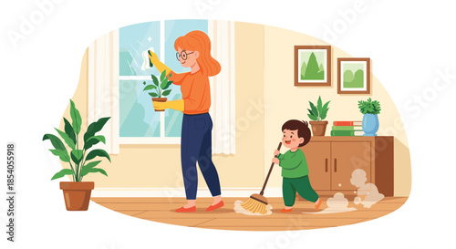 Mother and child cleaning the house together, family time.