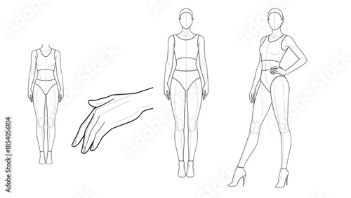 Fashion illustration of a woman in different poses showcasing various styles and accessories
