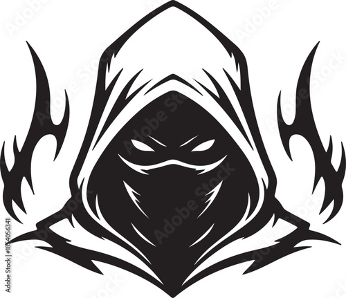 Intense Hooded Ninja Assassin with Tribal Flames. Black and White Vector Logo of Masked Warrior Head PNG Stock Illustration