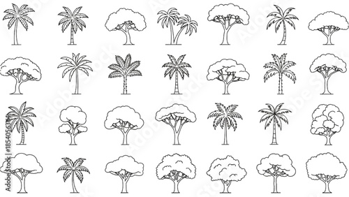 Variety of Trees Illustrated in Black and White Line Art Style