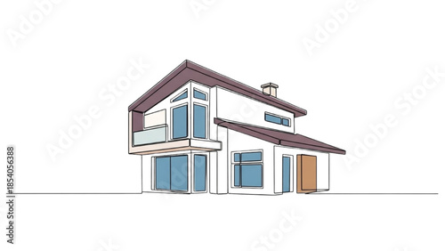 Modern two-story house with brown roof and blue windows illustrated in a simple architectural style