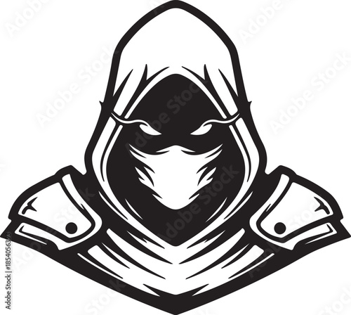Mysterious Hooded Assassin Logo. Black and White Vector Illustration of Masked Ninja Warrior with Armor PNG