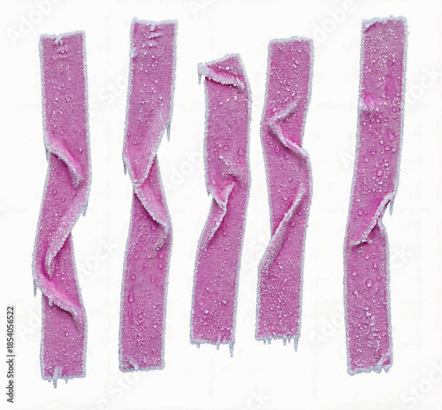A high-resolution studio photograph of five vertical pink frozen strips with twisted shapes, covered in ice crystals and water droplets, isolated on a clean white background.