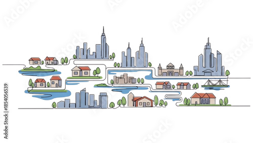 Cityscape illustration with buildings, houses, and waterways in a scenic landscape view
