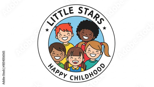 Colorful cartoon illustration of diverse happy children in a circular logo with text little stars happy childhood on a white background