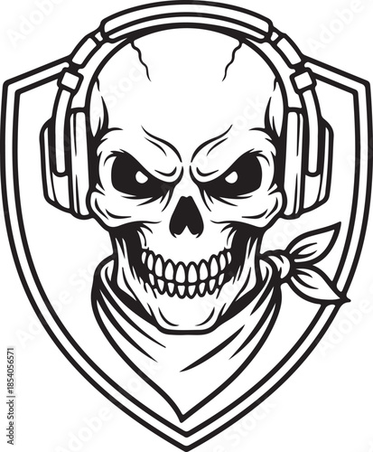 Aggressive Skull with Headphones and Bandana Shield Emblem Vector Illustration. Black and White Logo Design for Music, DJ, Gaming, Tattoo, Apparel and Stickers