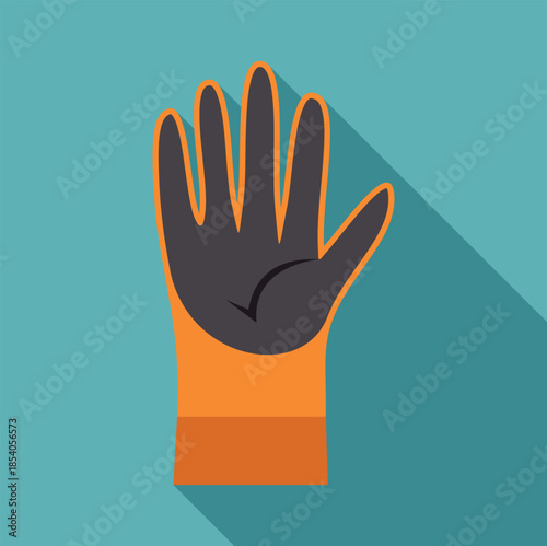 Orange and grey work safety glove with long shadow on blue background