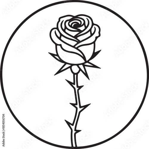 Elegant Rose with Thorns in Circle Frame. Black and White Line Art Vector Illustration, Royalty-Free Stock Graphic for Tattoo, Logo, Floral Emblem, Romance and Beauty Design