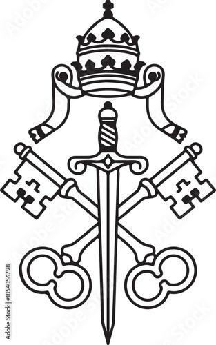Vatican Papal Keys with Tiara and Sword Coat of Arms . Black and White Vector Illustration, Royalty-Free Stock Graphic for Holy See, Catholic Emblem, Religion, Heraldry and Logo Design
