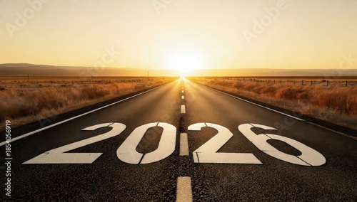 2026 painted on a desert highway leading towards a bright golden sunrise, symbolizing the road ahead, future business strategy, and new beginnings for the year 2026