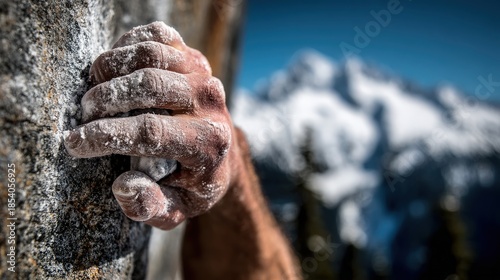 Rock Climber Hand Holding Small Crimp with Snowy Mountains