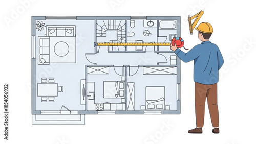 Architect examining floor plan with crane model in hand