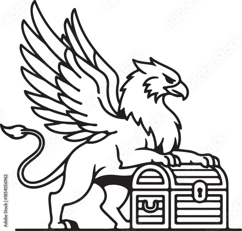 Black and White Griffin Guarding Treasure Chest Vector Illustration. Mythical Griffin Heraldic Symbol, Guardian of Wealth Clip Art