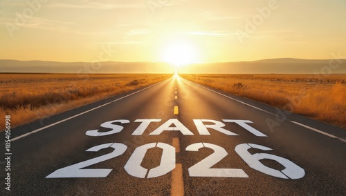 Start 2026 text painted on a long, straight asphalt road during a dramatic sunrise or sunset, representing the concept of a new year's journey, future plans, goals, and opportunities.