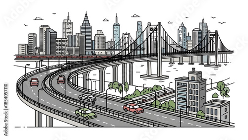 A detailed illustration of a cityscape featuring a prominent bridge and highway interchange with skyscrapers in the background