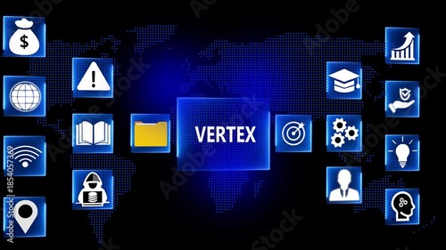 Global network connections digital icons with earth background and word vertex representing technology and business concepts