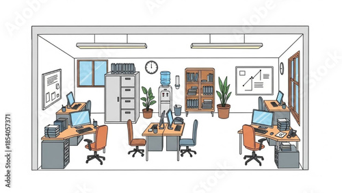 Modern office space with computers and furniture viewed from above