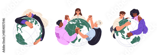 Kids care about Earth concept. People hug globe set. Children rescue world, hold hands together. Characters protect ecology, save environment, planet nature. Flat isolated vector illustration on white
