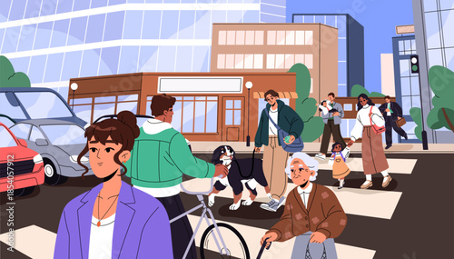 Crosswalk of city street. Crowd of pedestrians crosses road. Cars stop on traffic light and people are walking on zebra. Men and women with dogs, kids and bicycles crossroad. Flat vector illustration.