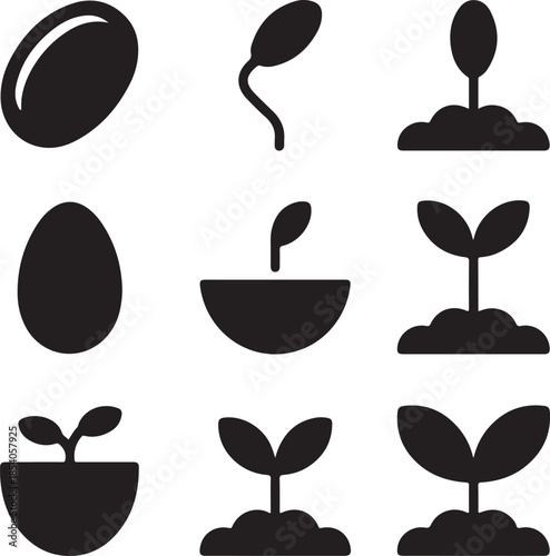 Seed germination, plant sprout, seedling growth, agriculture farming, life cycle, soil nature, botanical development icons