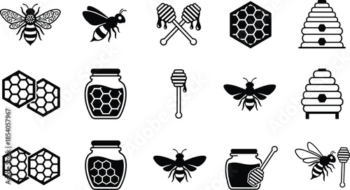 Bee, honey, honeycomb, beehive, honey dipper, bee icon, pollination, apiary, insect, nature, nectar, hive, buzzing, swarm, wax, jar, flight, environment, agriculture, illustration