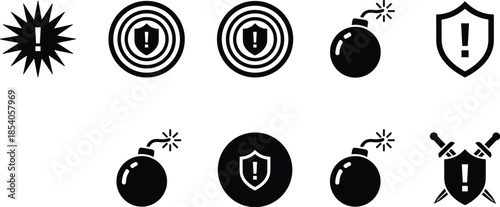 Alert icons, danger symbols, warning signs, bomb graphics, shield exclamation, threat indicators, security alerts, game UI, black icons, interface design