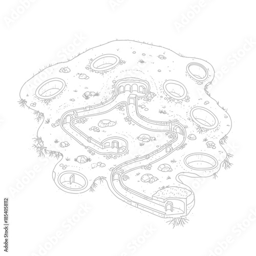 Detailed topographical map illustration showcasing an ancient subterranean tunnel system