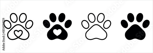 Set of four paw print icons with heart designs vector.