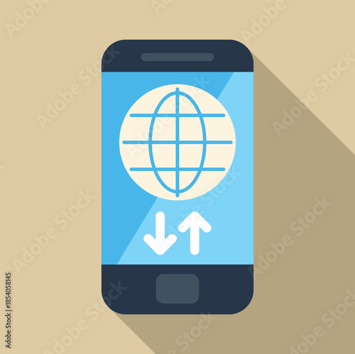 Smartphone screen displaying global connectivity with upload and download arrows