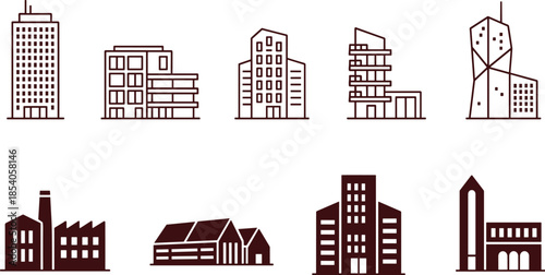Modern city building icons, urban architecture line illustration, commercial residential industrial structures, skyline symbols, minimal vector design set collection pack