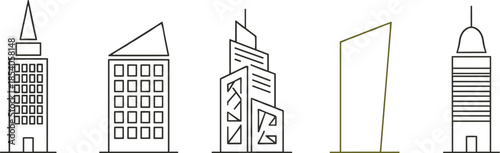 Modern city skyline line art illustration, minimalist urban buildings icons, architectural outline design, real estate, construction concept, vector style