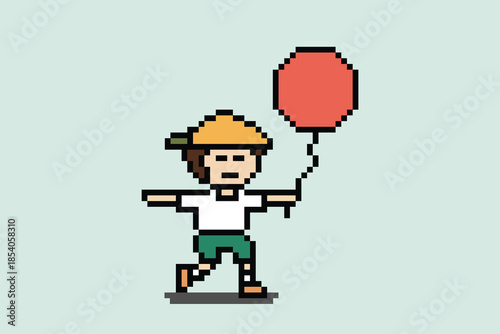 Cartoon pixel art of child boy haapy with colourful balloon minimalist birthday celebration party vector background cute children.